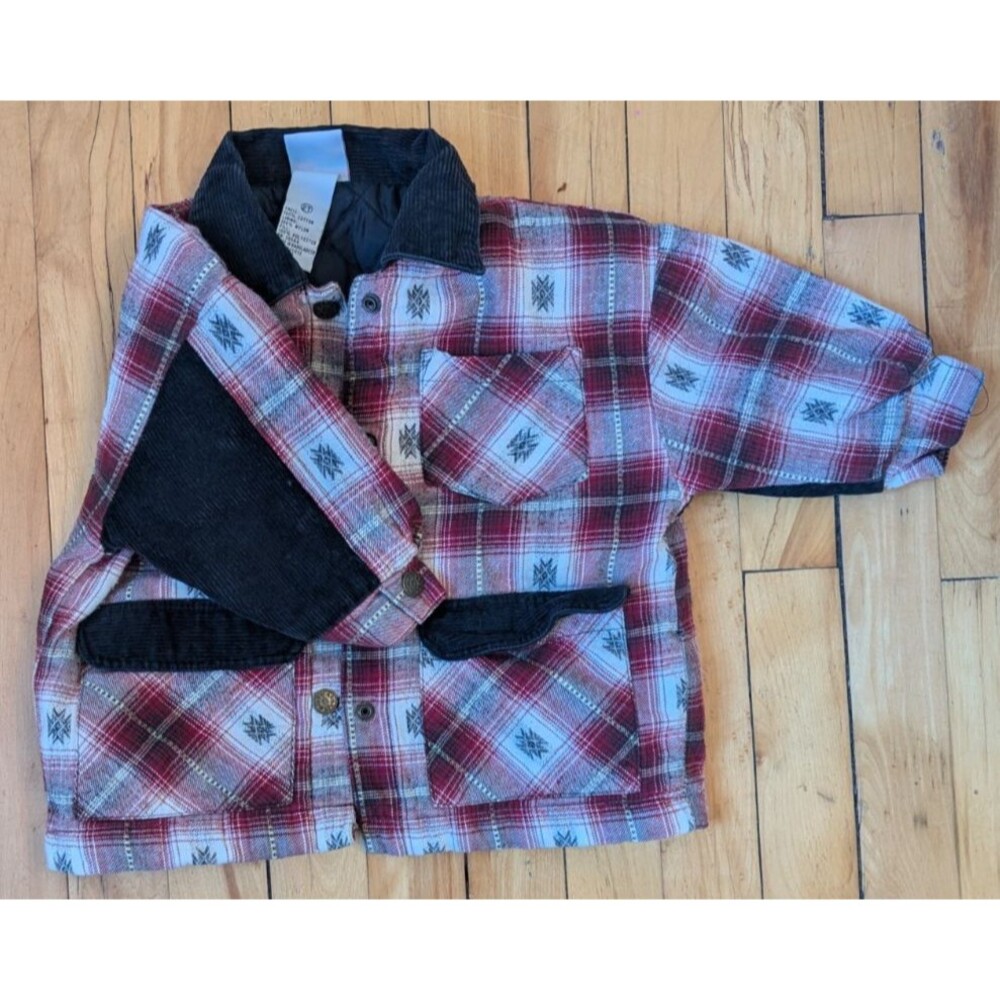 Vintage 90s Circo 2T Plaid Flannel Toddler Jacket Corduroy Collar Barn Coat Red